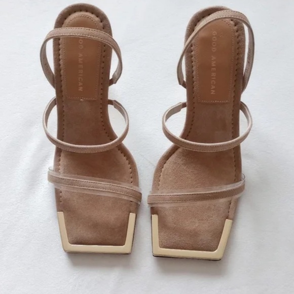 Good American Shoes - Good American The Standout Suede Square Toe Slingback Heels in Beige